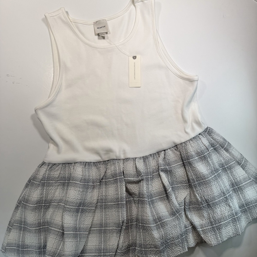 Anthropologie Maeve NWT White Tank L Bubble Hem‎ Peplum Black White Plaid $78